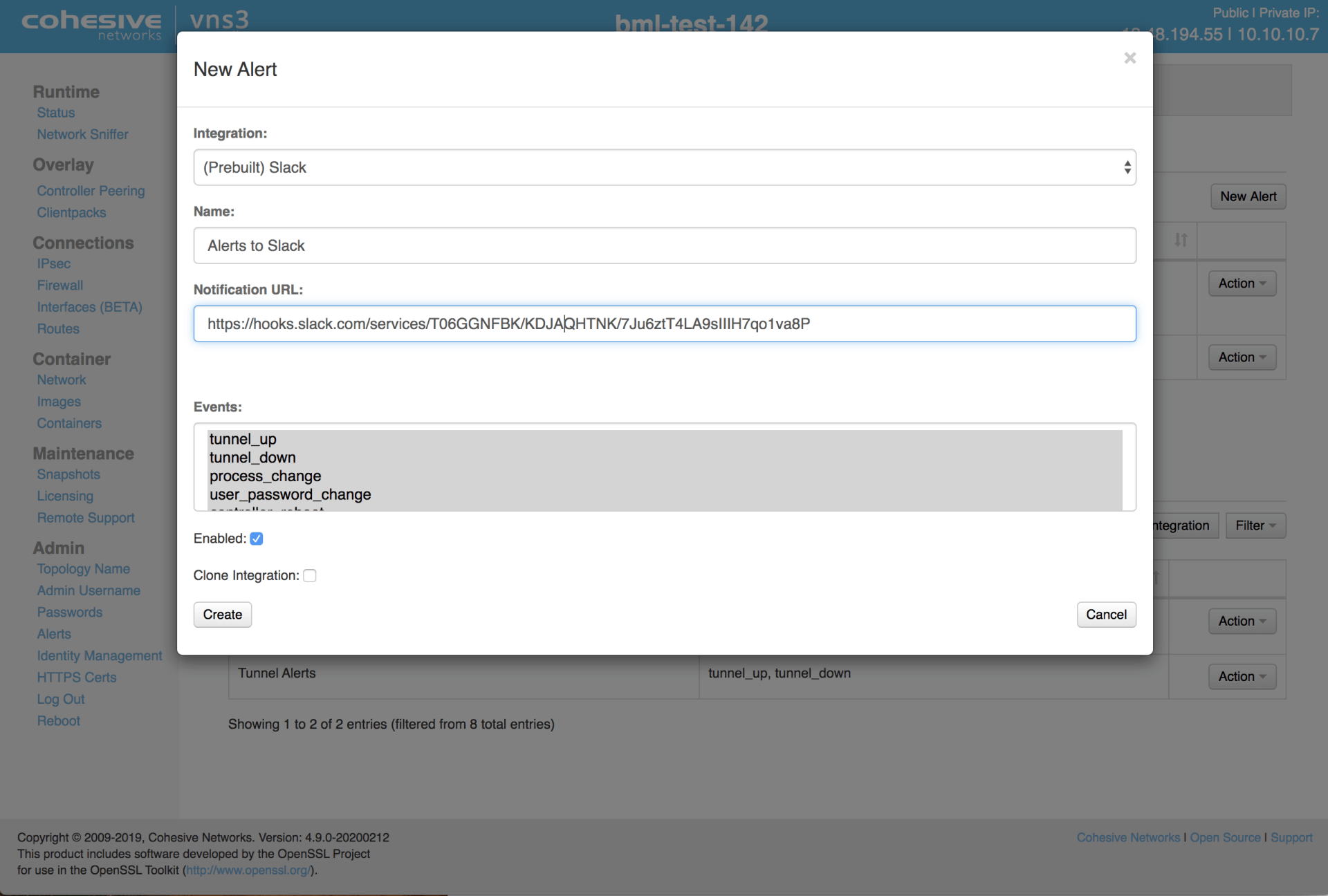 VNS3 Alerting form page